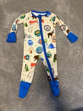 Little Sleepies Cream Camping-Print Footed One-Piece with Bright Blue Trim